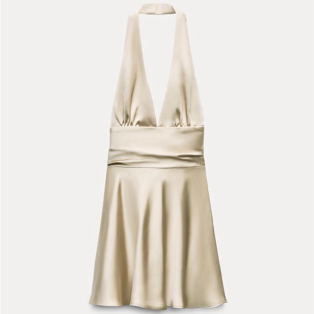 NEW Zara Satin Effect Halter Dress in Gray/Beige - Large
